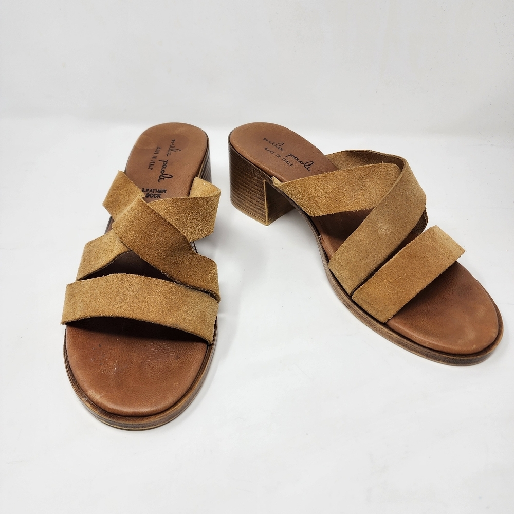 Mila Paoli Leather Slide Sandals 40 Suede Block‎ Heel Tan Brown Made in Italy